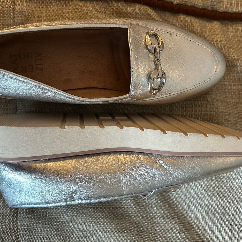 Alex Marie Metallic Silver Loafers with Chain Accent